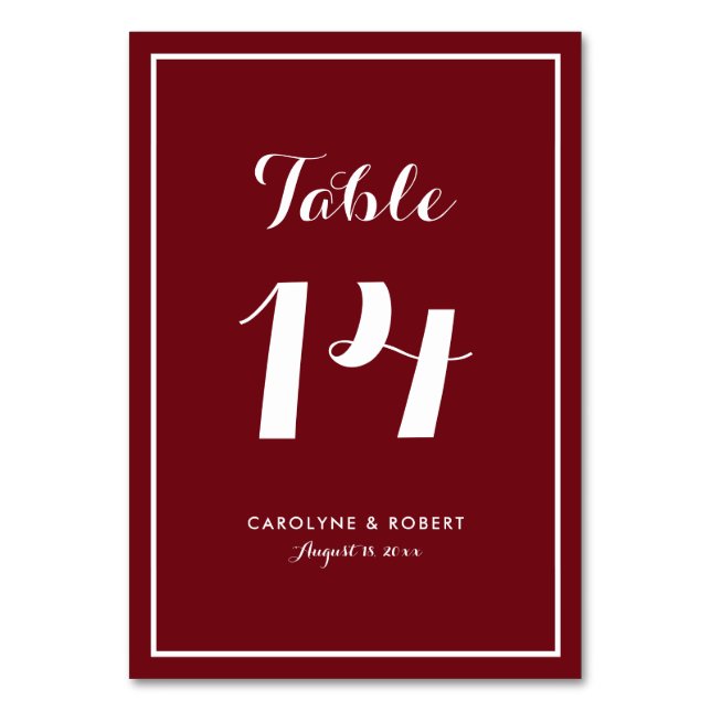 Tarjeta De Mesa Boda de Caligrafía Moderna Borgoña (Anverso)