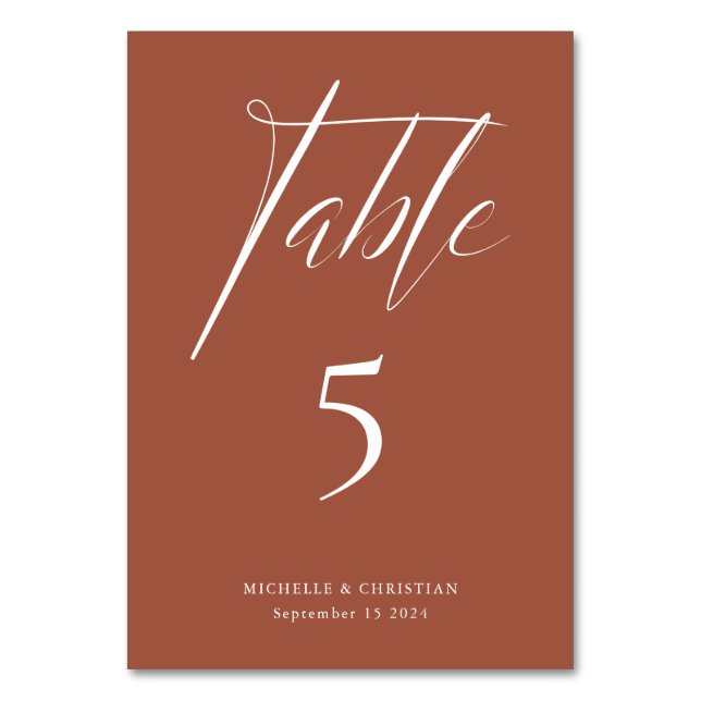 Tarjeta De Mesa Boda de caligrafía moderna Script Terracotta (Anverso)