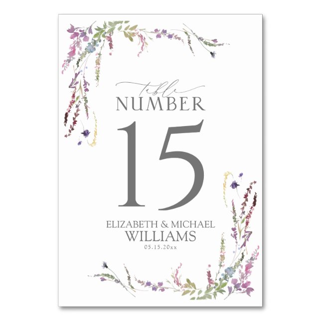 Tarjeta De Mesa Boda de caligrafía Purple Wildflower (Anverso)