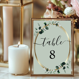 Tarjeta De Mesa Boda de caligrafía romántica Eucalyptus Gold Sage