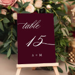 Tarjeta De Mesa Boda de caligrafía romántica número 15, Borgoña<br><div class="desc">Cuadro 15. Compruebe todos los números disponibles. | Romántico y elegante número de tabla de boda de caligrafía rápida con monogramas. Para una personalización más avanzada de este diseño,  haga clic en el BOTÓN HERRAMIENTA DE DISEÑO AZUL de arriba.</div>