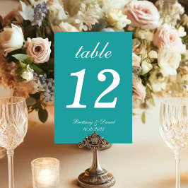Tarjeta De Mesa Boda de Caligrafía Simple Azul Teal Blanco 