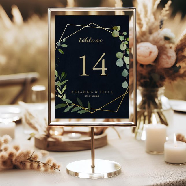 Tarjeta De Mesa Boda de caligrafía verde azul de oro geométrico (Subido por el creador)