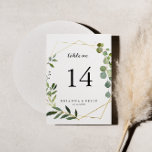 Tarjeta De Mesa Boda de caligrafía verde tropical de oro geométric<br><div class="desc">Este número de tabla geométrico de boda de caligrafía verde tropical dorada es perfecto para un boda moderno. El diseño está decorado con hermosas hojas verdes pintadas a mano, adornando un marco geométrico dorado. Este es un número de tabla de doble cara. Agregue cada número de tabla que necesite a...</div>