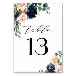 Tarjeta De Mesa Boda de campo floral rosa azul marina y Rubor