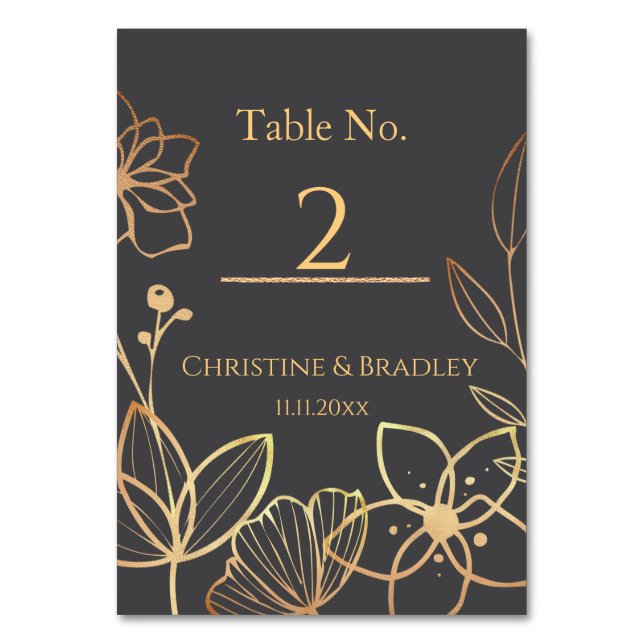 Tarjeta De Mesa Boda de carbón vegetal y oro (Anverso)