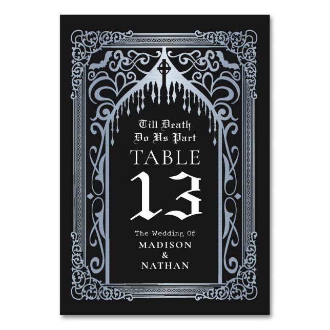 Tarjeta De Mesa Boda de Catedral Gótica de Vampire de Plata (Reverso)
