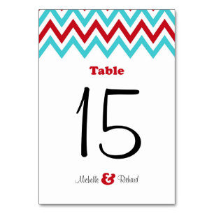 Tarjeta De Mesa Boda de Chevron & Lovebirds Rojo y Aqua