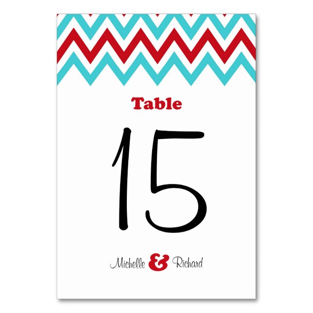 Tarjeta De Mesa Boda de Chevron & Lovebirds Rojo y Aqua (Anverso)