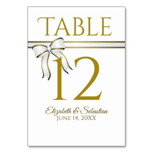Tarjeta De Mesa Boda de cinta blanca y dorada elegante