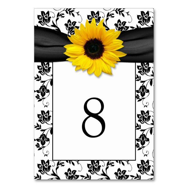 Tarjeta De Mesa Boda de cinta de girasol amarillo negro Damask (Anverso)