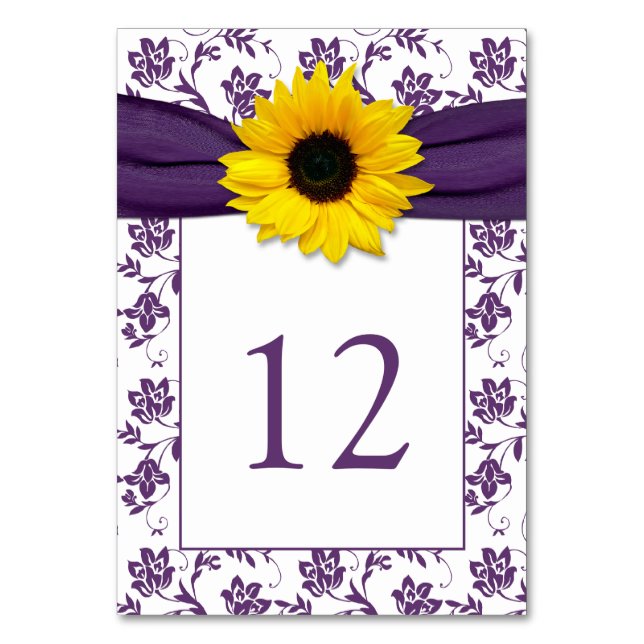 Tarjeta De Mesa Boda de cinta de girasol morada amarilla (Anverso)
