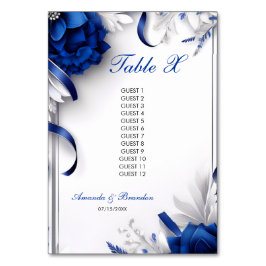 Tarjeta De Mesa Boda de cintas de flores azules y plateadas de la