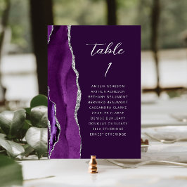 Tarjeta De Mesa Boda de ciruela con guión moderno plata púrpura ág