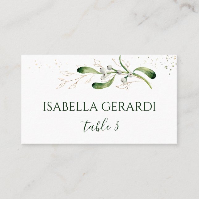Tarjeta De Mesa Boda de confeti de follaje dorado de muérdago (Anverso)