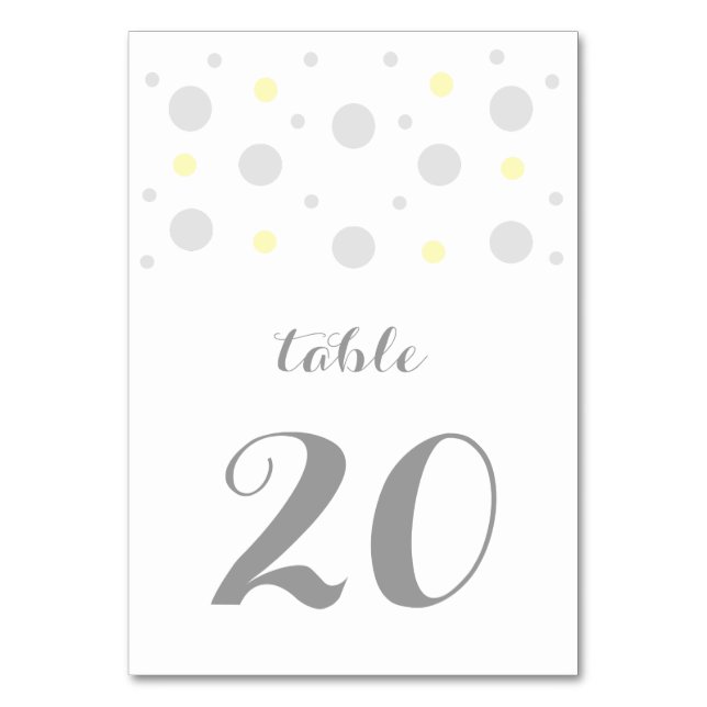 Tarjeta de mesa Boda de confetti amarillo gris (Anverso)