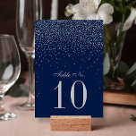 Tarjeta De Mesa Boda de Confetti Azul y Glam Plata de Marina<br><div class="desc">La colección de bodas de confeti azul marino y de plata glam es perfecta para cualquier pareja que planee una celebración romántica boda. El diseño presenta un fondo azul marino de moda con un confeti de plata glam que es realmente impresionante y perfecto para cualquier evento especial. La redacción incorpora...</div>