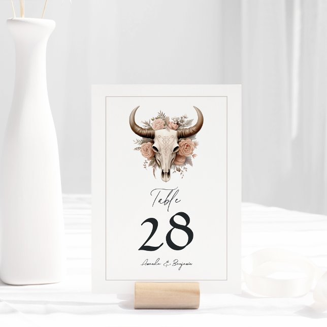 Tarjeta De Mesa Boda de cráneo de vaca floral rústica (Rustic Floral Cow Skull Wedding Table Number)