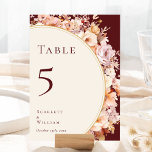 Tarjeta De Mesa Boda de crema borgoñona floral otoñal<br><div class="desc">El diseño del número de mesas de este boda de color crema borgoñona floral de otoño es un conjunto de ensueño que encarna la esencia del encanto vintage y la elegancia moderna. Con flores de otoño y hojas en colores otoño, acentuadas con bordes geométricos dorados, nuestro diseño ofrece una estética...</div>