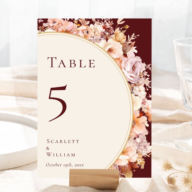 Tarjeta De Mesa Boda de crema borgoñona floral otoñal (Subido por el creador)