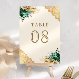 Tarjeta De Mesa Boda de crema de encaje de oro de floral esmeralda