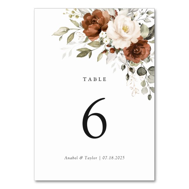 Tarjeta de mesa Boda de crema de óxido floral verd (Anverso)