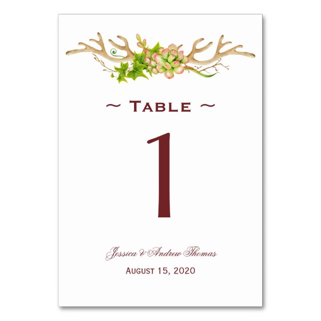 Tarjeta De Mesa Boda de Cuerna Rústica y Flores Silvestres (Anverso)