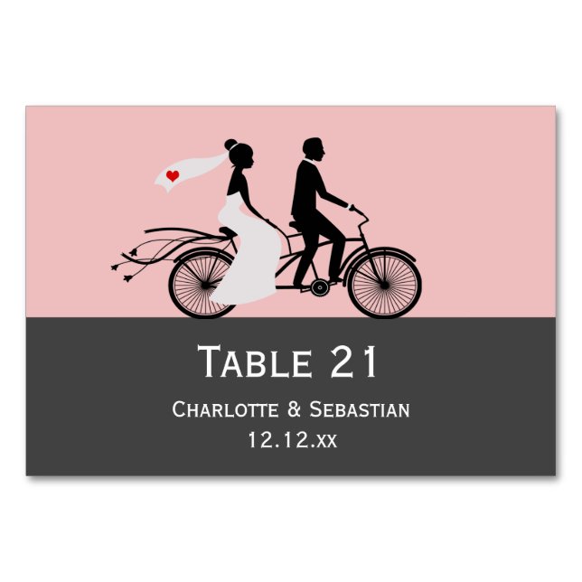 Tarjeta De Mesa Boda De Cute Tandem Bike Bride Y Groom (Anverso)