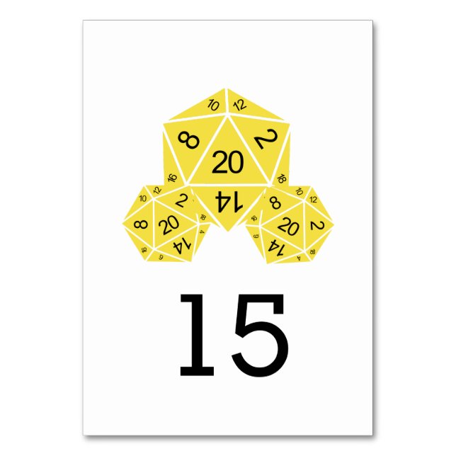 Tarjeta de mesa Boda de dados D20 amarillo (Anverso)