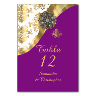 Tarjeta De Mesa Boda de damasco blanco, violeta y dorado