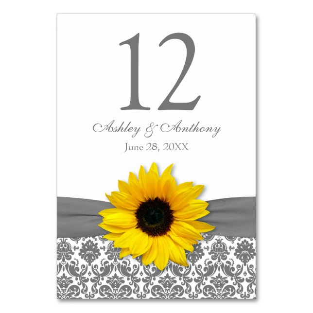 Tarjeta De Mesa Boda de Damasco de Gris Amarillo Giral (Anverso)