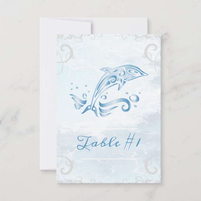 Tarjeta de mesa Boda de delfines azules (Anverso)