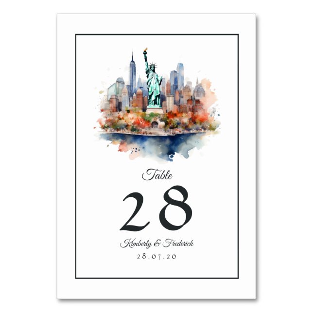 Tarjeta De Mesa Boda de destino en Nueva York con acuarela (Anverso)