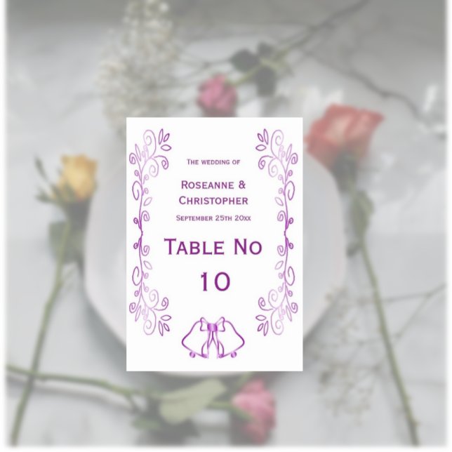 Tarjeta De Mesa Boda de diseño de gráfico de púrpura (Purple wedding table number card bells and scrollwork design)