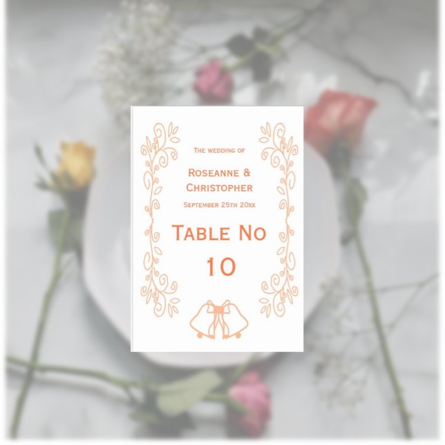 Tarjeta De Mesa Boda de diseño de pergaminos de pergamino (Peach wedding reception table number bells and scrollwork design)