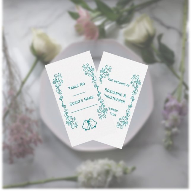 Tarjeta De Mesa Boda de diseño de trabajo de Bells verde azuladas (Teal wedding place setting card bells and scrollwork design)