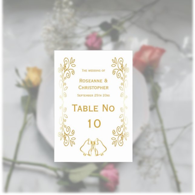 Tarjeta De Mesa Boda de diseño de trabajo de gamas de oro (Gold wedding table number card bells and scrollwork design)
