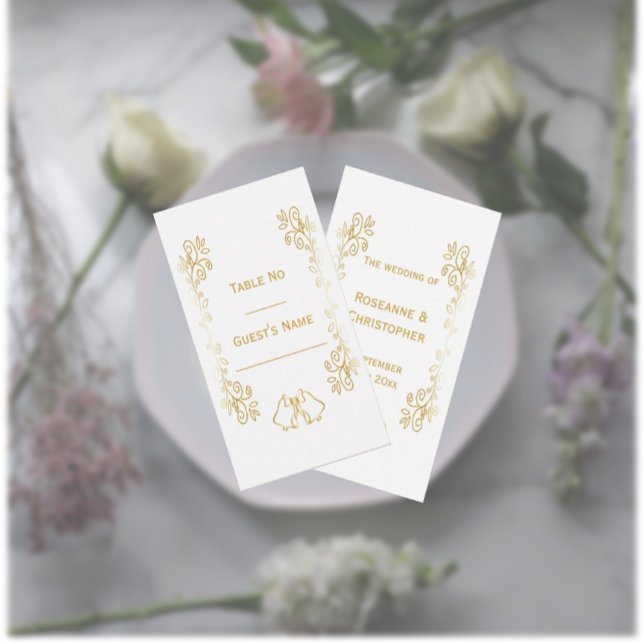 Tarjeta De Mesa Boda de diseño de trabajo de gamas de oro (Gold wedding place setting card bells and scrollwork design)