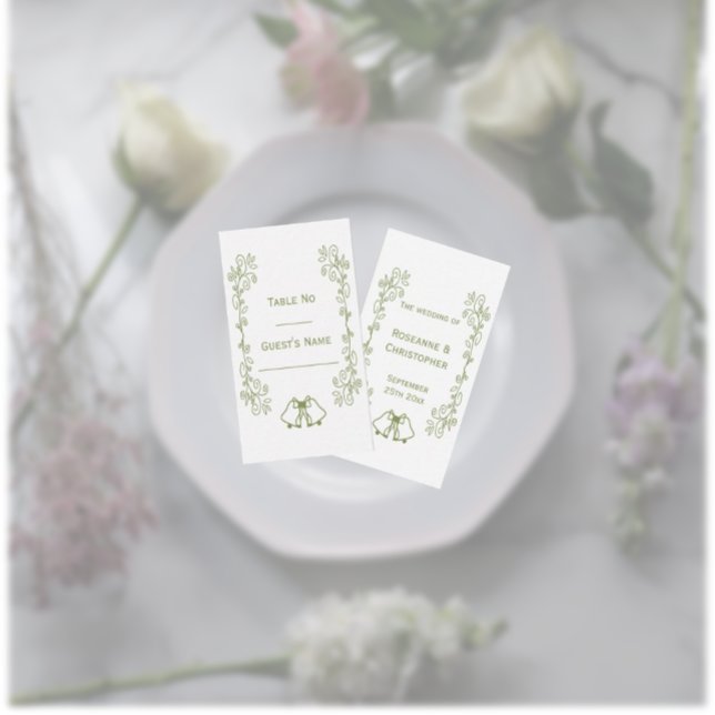 Tarjeta De Mesa Boda de diseño del trabajo de desplazamiento de la (Sage wedding dinner place card bells and scrollwork design)