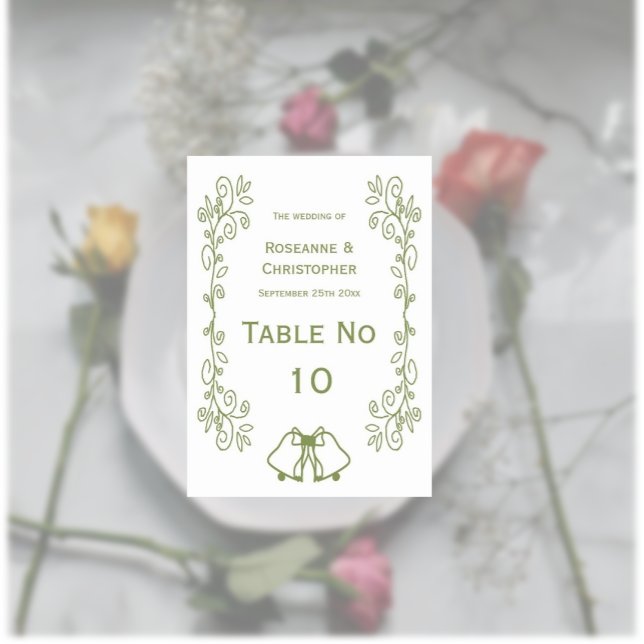 Tarjeta De Mesa Boda de diseño del trabajo de desplazamiento de la (Sage wedding table number bells and scrollwork design)