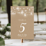 Tarjeta De Mesa Boda de doble cara de Rustic String Luces<br><div class="desc">Tarjetas de número de tabla boda impresas a precios asequibles con una plantilla DIY simple para personalización. En este rústico diseño de moda encontramos varias cadenas de brillantes luces de cuerda y tarros de albañil sobre un falso fondo de papel kraft. Personalice cada número de tabla que necesite y añada...</div>