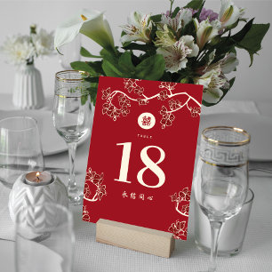 Tarjeta De Mesa Boda de doble felicidad y flores rojas de plumas y
