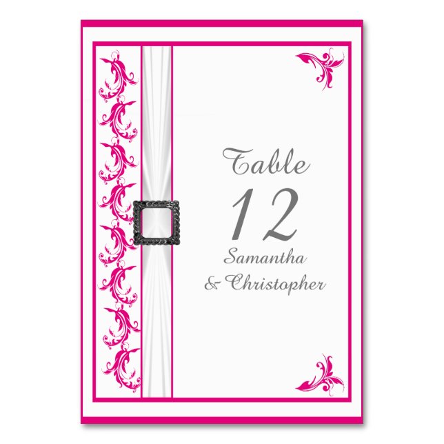 Tarjeta De Mesa Boda de encaje blanco adamascado de fucsia brillan (Anverso)