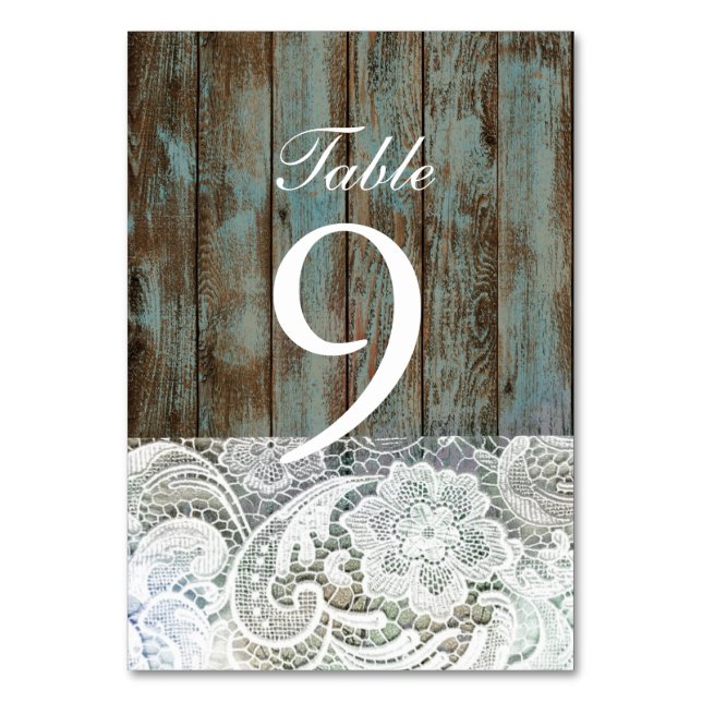Tarjeta De Mesa boda de encaje de madera de granero azul de occide (Anverso)