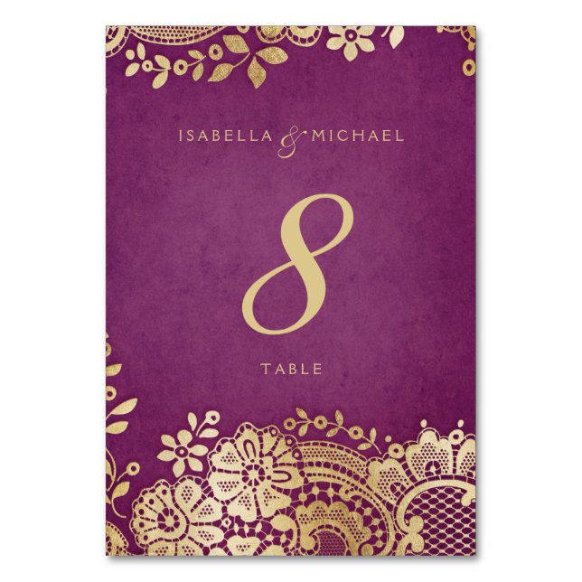 Tarjeta de mesa boda de encaje elegante y púrpura  (Anverso)