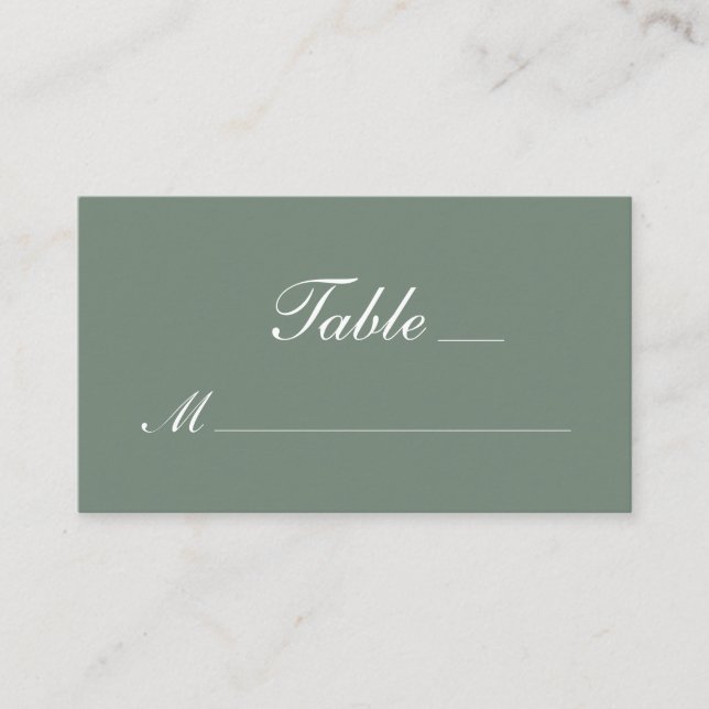 Tarjeta De Mesa Boda de escritura blanca verde sage moderna (Anverso)