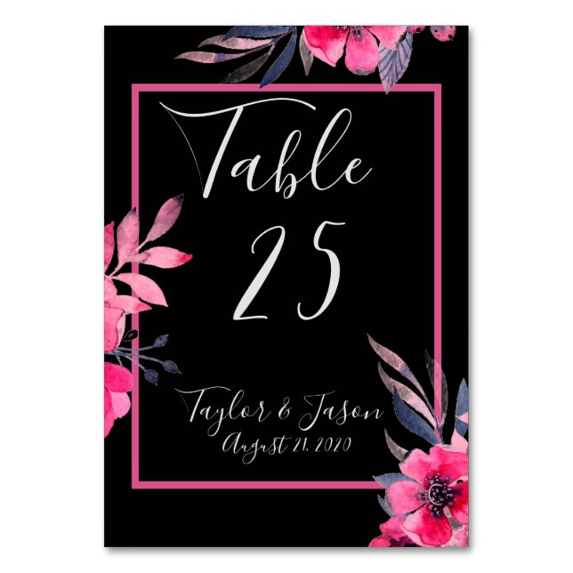 Tarjeta De Mesa Boda de escritura floral de Bonito rosa caliente r (Anverso)