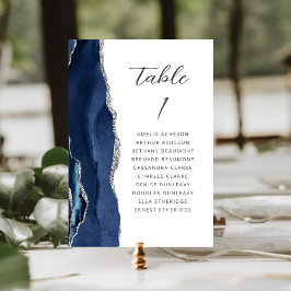 Tarjeta De Mesa Boda de escritura moderna azul marino plata Agata