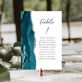 Tarjeta De Mesa Boda de escritura moderna azul teal ágata plateada
