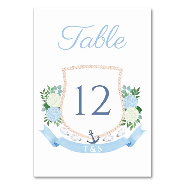 Tarjeta De Mesa Boda de Escudo de acuarela de monograma costero (Anverso)